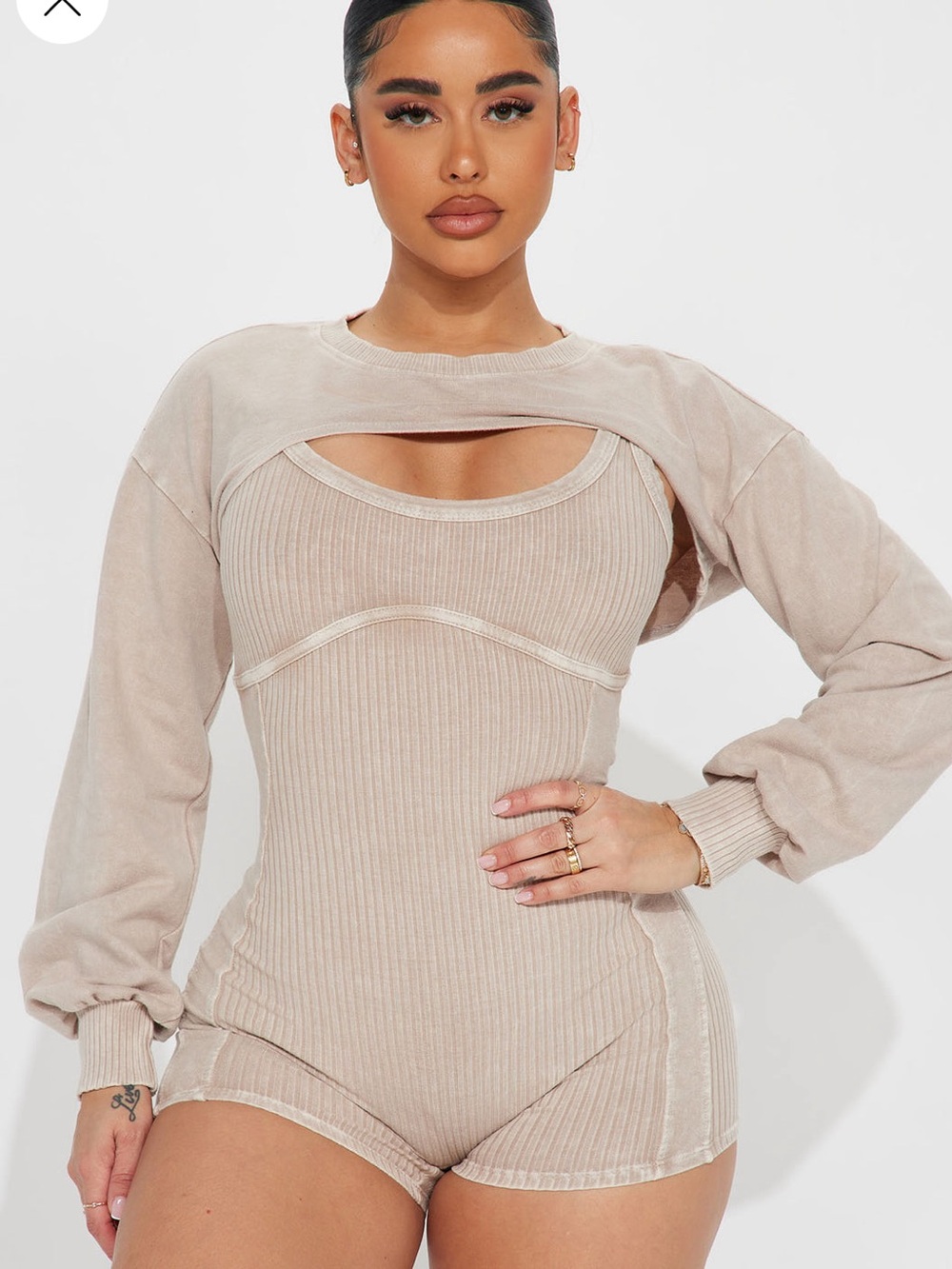 NWOT Fashion Nova Acid Wash Taupe Tank Romper with Bolero Shrug